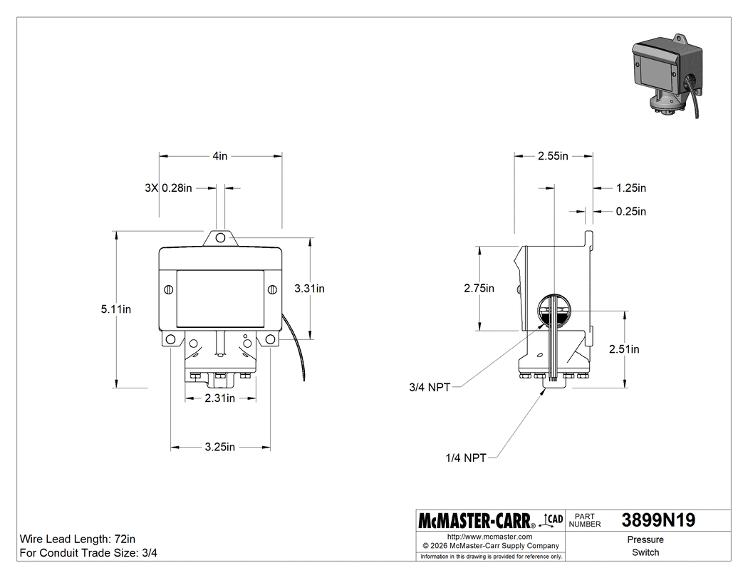 Technical Drawing of Pressure Switch, Cover and Wire Leads, 1/4 NPT Female, 15-100 PSI Setpoint.